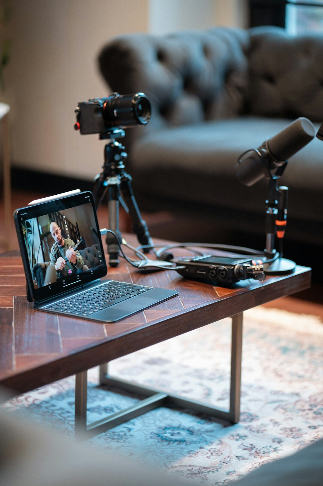 professional video camera on tripod